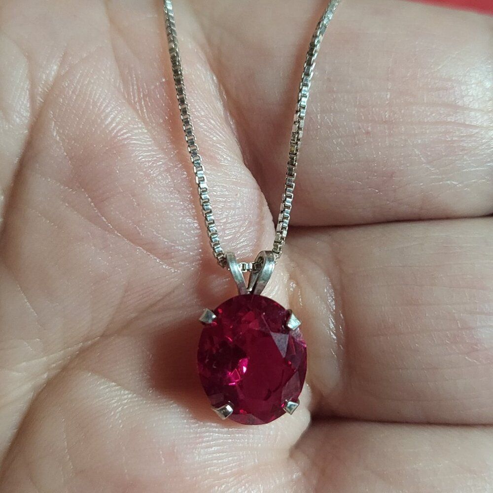 Ruby Solitaire Sterling Silver Pendant Necklace